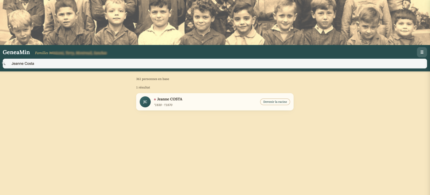 GeneaMin — Recherche avec autocomplete